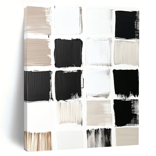 Large contemporary hand-painted abstract artwork featuring a minimalist grid of black and white squares with varied color intensities in a neutral palette. DLZ1268