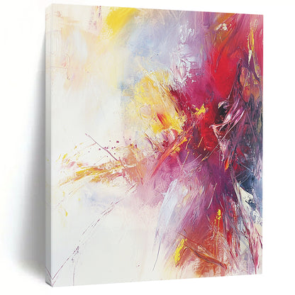 Large contemporary hand-painted abstract artwork featuring warm colors and soft brushstrokes on a serene white background with subtle splashes of bright color. DLZ1068