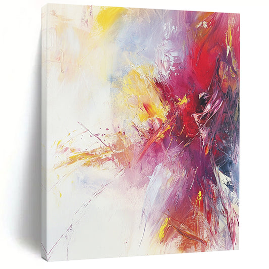 Large contemporary hand-painted abstract artwork featuring warm colors and soft brushstrokes on a serene white background with subtle splashes of bright color. DLZ1068
