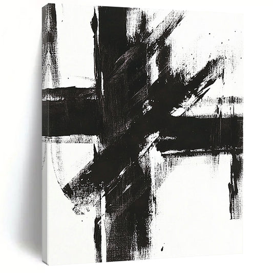Contemporary abstract painting features a bold black and white cross with striking brush strokes on a bright canvas. DLZ0271