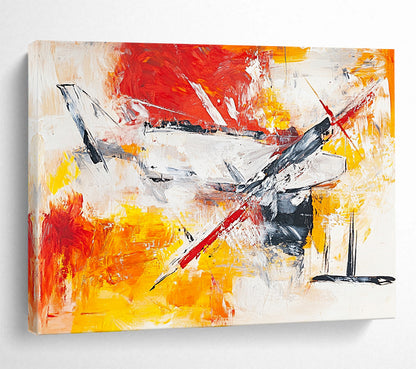 “Dynamic Aircraft Abstract” - Red, Yellow, White, Gray with Energetic Strokes - Painting On Canvas HB1371