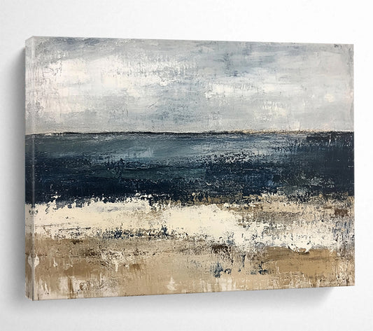 “Abstract Coastal Landscape” - Blue, Gray, Beige with Textured Layers - Painting On Canvas HB1392