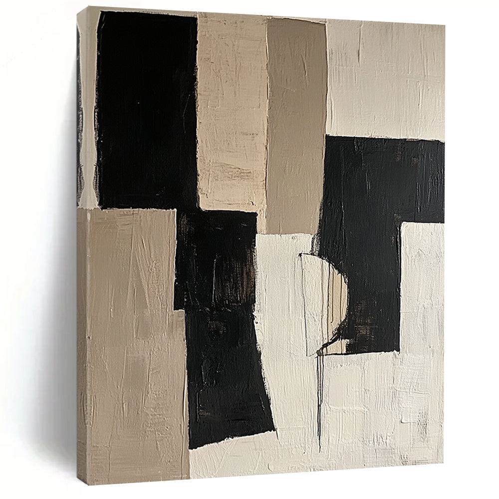 Contemporary abstract artwork featuring black and beige color blocks on a white background with organic shapes in mixed media and fragmented canvas. DLZ0688