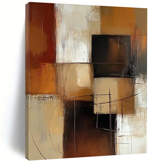 Contemporary hand-painted abstract art features warm brown and beige blocks with white accents showcasing visible brush strokes and soft edges. DLZ0978