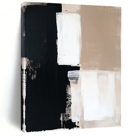 Contemporary hand-painted abstract artwork in beige and black tones, featuring white squares on a clean white background, perfect for modern decor. DLZ0694