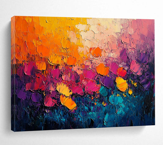 “Blossom Burst” - Vivid oranges, pinks, purples, blue - greens; Thick - textured flower fields; Impasto Landscape Painting On Canvas HB1146