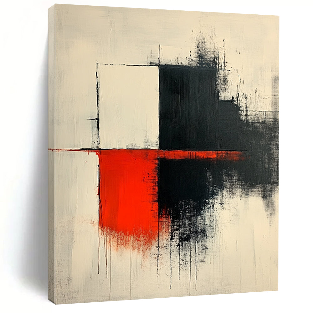 Contemporary hand-painted abstract art features thick dark gray brushstrokes with red accents on a white background showcasing elegant shapes and lines. DLZ1638