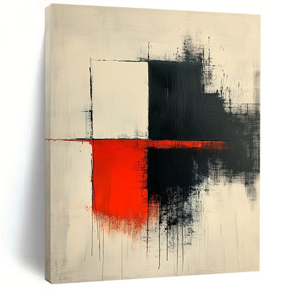 Contemporary hand-painted abstract art features thick dark gray brushstrokes with red accents on a white background showcasing elegant shapes and lines. DLZ1638