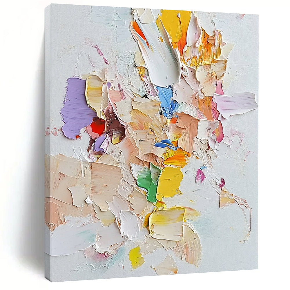 Contemporary abstract art featuring light pastels on white canvas with palette knife technique and assembled cut-out pieces for a unique textured effect. DLZ0882