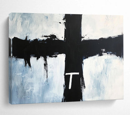 Black Cross with White 'T' on Blue - Symbolic Abstract Painting On Canvas HB0469