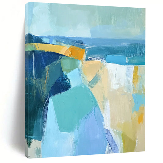 Contemporary abstract artwork features thick brushstrokes and geometric forms in muted blues and yellows, perfect for enhancing any modern space. DLZ0896