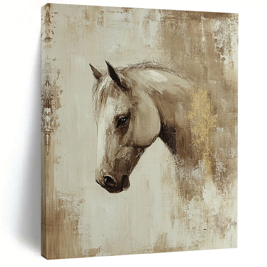 Contemporary abstract oil painting featuring a beige-toned Arabian horse profile with visible brush strokes and gold leaf detail, inspired by Richard Schmid. DLZ0895