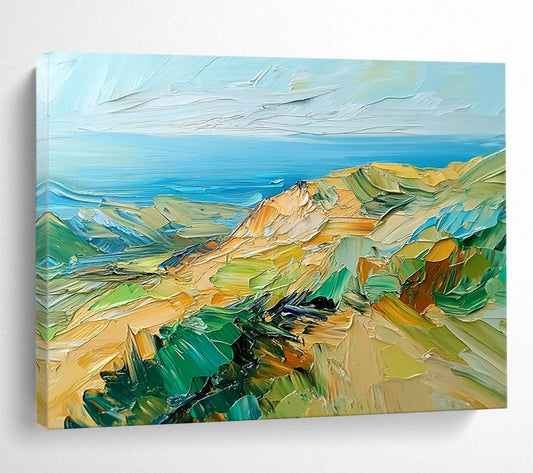 “Impasto Coastal Cliffs” - Green, Blue, Yellow, Textured Cliffs and Ocean View Painting On Canvas HB0925