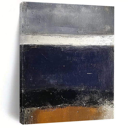 Contemporary hand-painted abstract art featuring a dark blue sea and grey sky with white and brown accents on a textured surface. DLZ0452
