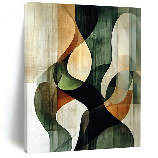 Contemporary hand-painted abstract art featuring intertwined circular shapes in green black and beige against a textured nature-inspired brown background. DLZ0994
