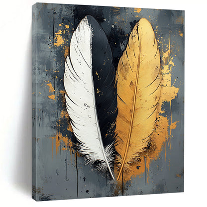Contemporary abstract art featuring two feathers one white one black with gold accents on a textured grey canvas perfect for modern decor. DLZ1716