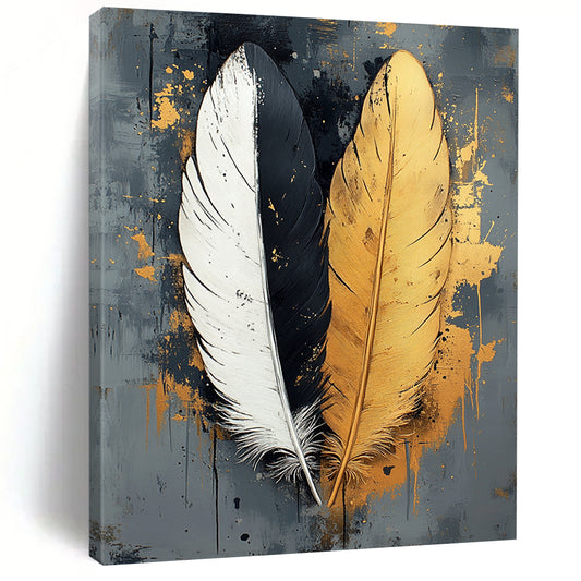Contemporary abstract art featuring two feathers one white one black with gold accents on a textured grey canvas perfect for modern decor. DLZ1716