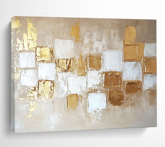 “Gold and Beige Geometric Abstract” - Gold, Beige, Geometric Textured Shapes Painting On Canvas HB0885