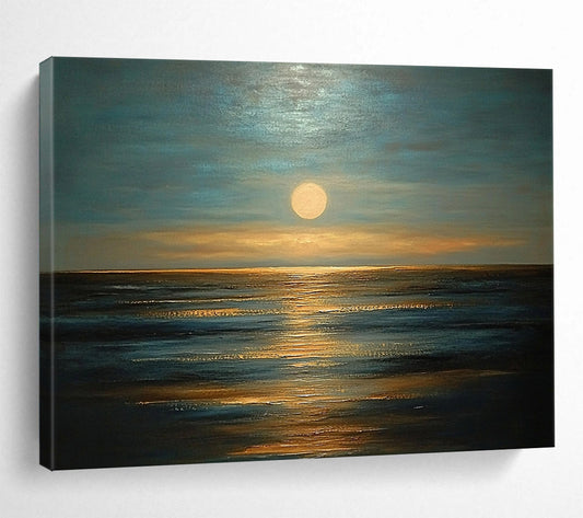 “Moonlit Ocean Calm” - Cool Blues, Silvery Whites, Warm Golds, Ocean at Night - Impasto Oil Painting HB1755
