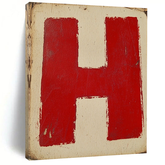 Contemporary abstract artwork featuring a minimalist red and white logo with an H on vintage paper, inspired by Peter Coude's flat design style. DLZ1446