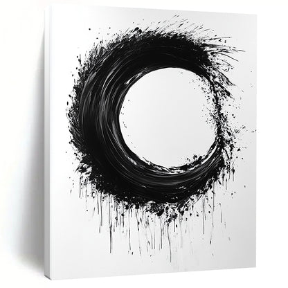 Black and White Splattered Circle "Energetic Enso" Painting On Canvas HB259