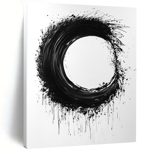 Black and White Splattered Circle "Energetic Enso" Painting On Canvas HB259