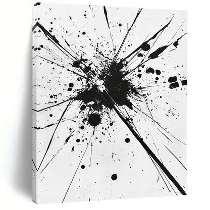 Black Splattered Explosion on White - “Energetic Ink Burst” Painting On Canvas HB218