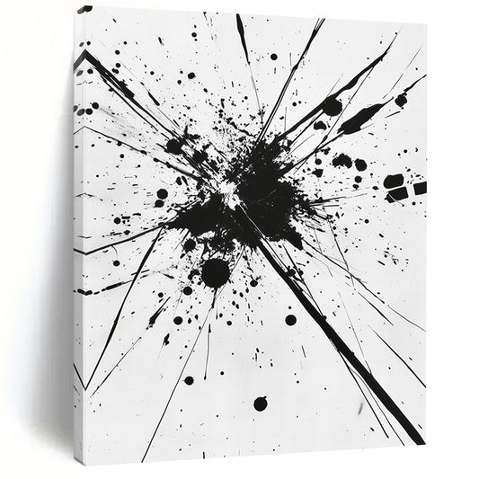 Black Splattered Explosion on White - “Energetic Ink Burst” Painting On Canvas HB218
