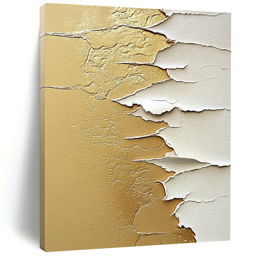 Contemporary abstract painting features textured white paper on golden sand with intricate details in beige and gold tones creating a captivating composition. DLZ1439