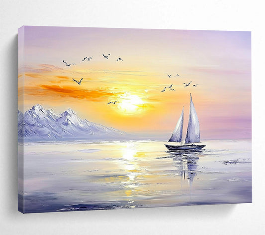 “Sailboat Under Mountain Sunset” - Oranges, Yellows, Purples, Sailboat, Mountains, Birds - Impasto Oil Painting HB1736