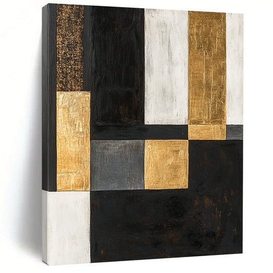 Black, White, Gold, Gray, Patchwork Squares "Urban Gilded Patchwork" Abstract Modernist Painting On Canvas HB156