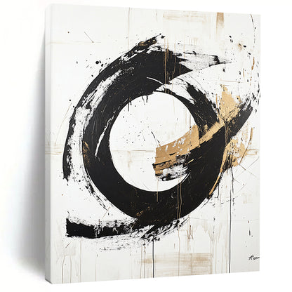 White, Black, Gold, Textured Circle "Enso Echo" Abstract Zen - Inspired Painting On Canvas HB090