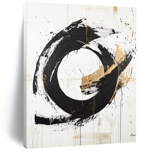 White, Black, Gold, Textured Circle "Enso Echo" Abstract Zen - Inspired Painting On Canvas HB090