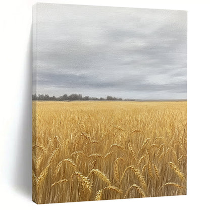 Contemporary hand-painted abstract art featuring a vast wheat field in soft earth tones and greys, capturing nostalgia beneath an overcast sky. DLZ1486