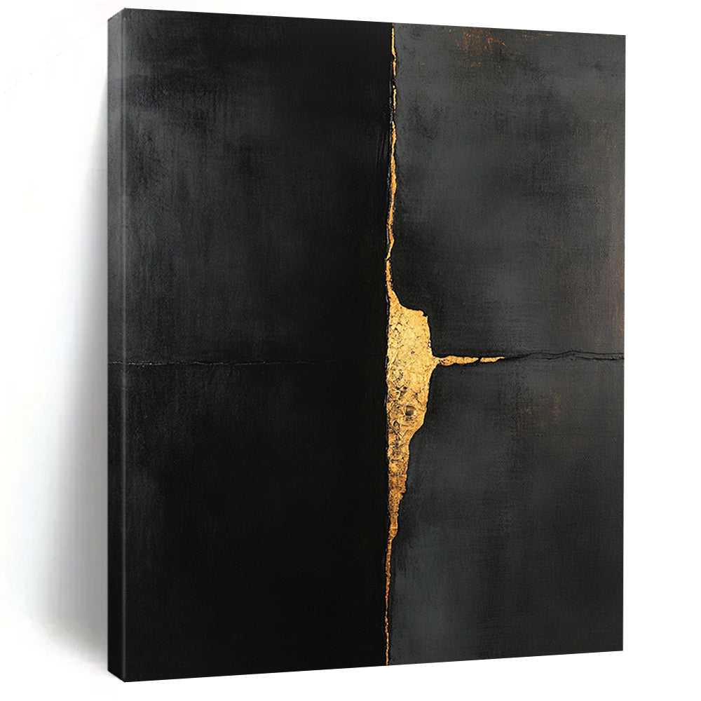 Black, Gold, Cracked Surface "Golden Fissure" Abstract Expressionist Painting On Canvas HB115