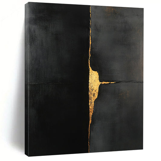 Black, Gold, Cracked Surface "Golden Fissure" Abstract Expressionist Painting On Canvas HB115