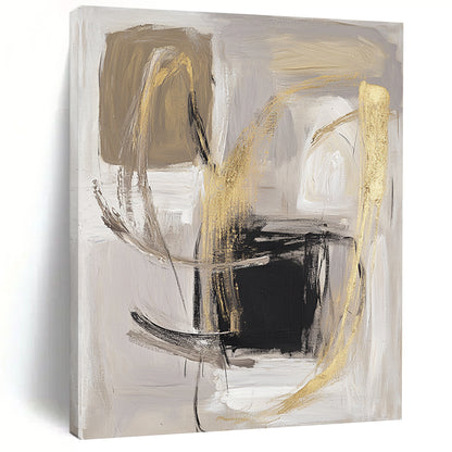Contemporary abstract artwork featuring bold brush strokes in soft gray and beige with gold accents a minimalistic composition on a white background. DLZ0751