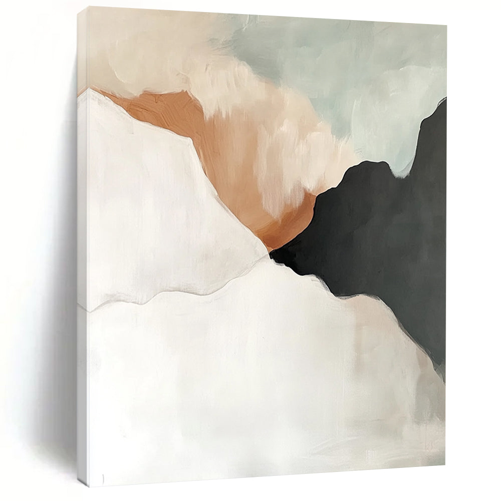 Contemporary hand-painted abstract artwork in white, grey, and beige tones with black accents, featuring fluid shapes and soft edges in light grey and amber hues. DLZ0781