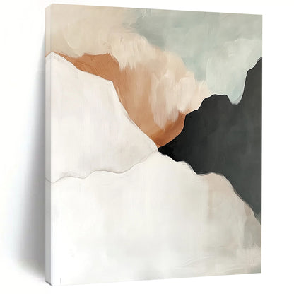 Contemporary hand-painted abstract artwork in white, grey, and beige tones with black accents, featuring fluid shapes and soft edges in light grey and amber hues. DLZ0781