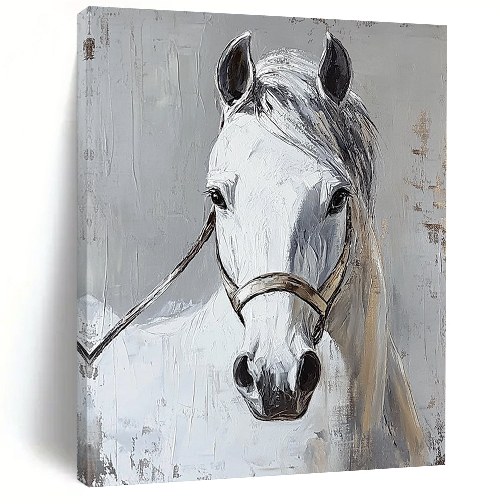 Contemporary abstract painting featuring a white horse head on a grey background showcasing vibrant colors and dynamic brushstrokes. DLZ1744