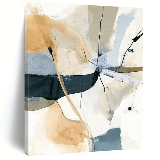 Contemporary hand-painted abstract artwork featuring soft lines and shapes in beige and gray with striking black splashes for a modern aesthetic. DLZ0285