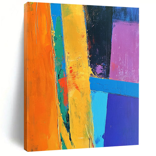 Contemporary hand-painted abstract art features vibrant blue orange yellow with dynamic shapes and lines on a purple background crafted in thick acrylic strokes. DLZ0510