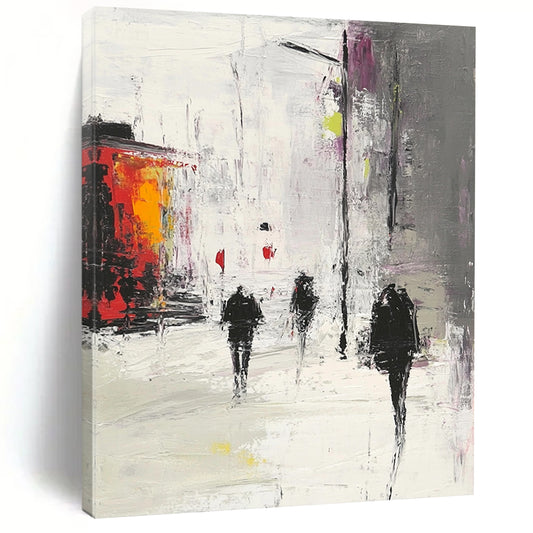 Contemporary hand-painted abstract artwork depicting an urban scene in gray and white with red accents featuring people walking in the rain. DLZ0968