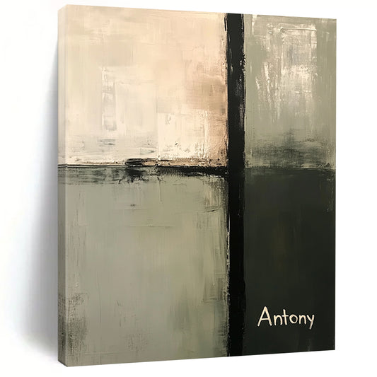 Contemporary abstract painting in neutral sage green and gray tones featuring a central tall vertical bar and the name Antony in the bottom corner. DLZ0434