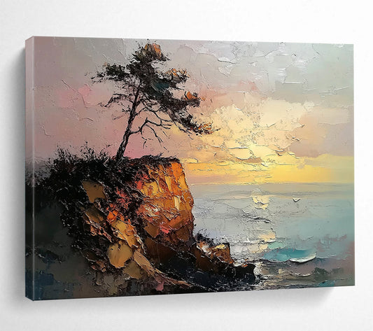 “Cliffside Tree at Sunset” - Textured Oranges, Pinks, Browns, Tree on Cliff by Sea - Impasto Oil Painting HB1693