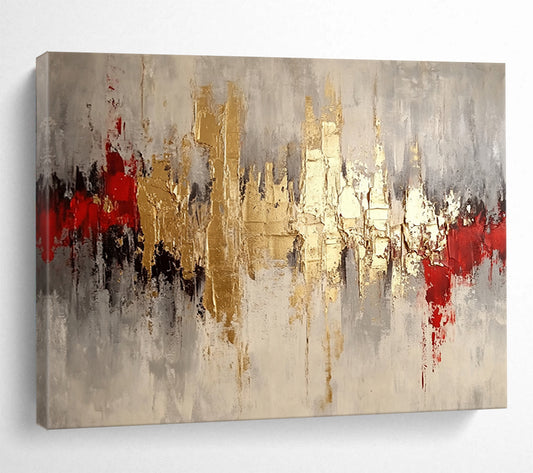 “Gilded Cityscape” - Gold, Gray, Red, Textured Abstract Skyline Painting On Canvas HB1042