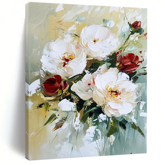 Contemporary abstract painting featuring textured white peonies and red roses with vibrant brush strokes and a soft, natural background. DLZ0673