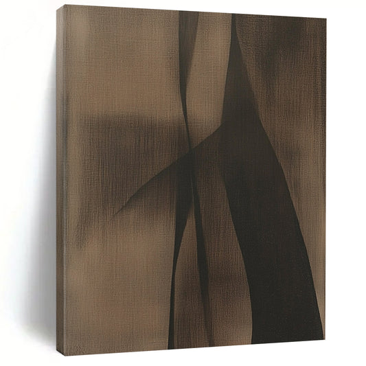 Large contemporary hand-painted abstract artwork with brown and black tones featuring minimalist shapes that evoke a powerful sense of mystery against a dark grey background. DLZ1186