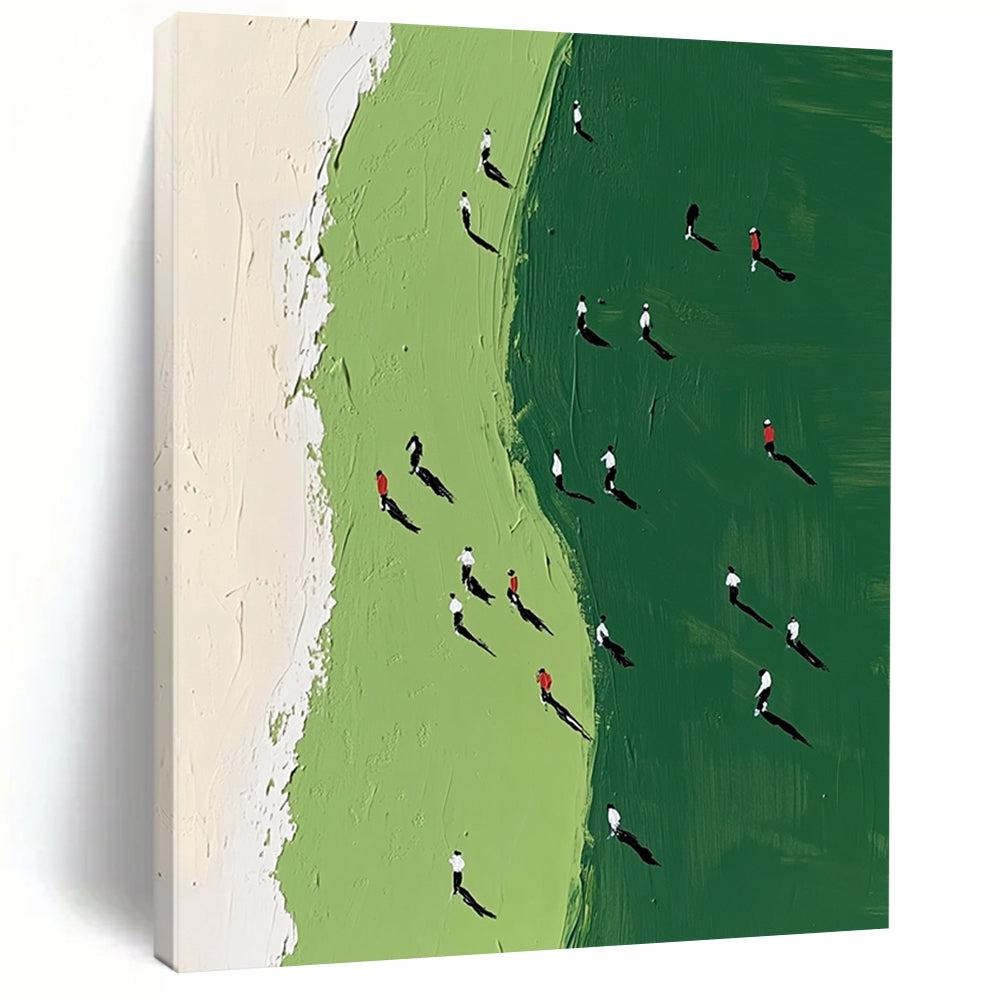 Vibrant contemporary abstract painting showcasing a green and white golf course with tiny figures in motion, perfect for modern art enthusiasts. DLZ0917