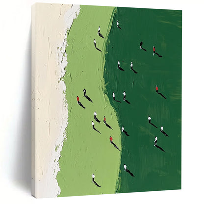 Vibrant contemporary abstract painting showcasing a green and white golf course with tiny figures in motion, perfect for modern art enthusiasts. DLZ0917